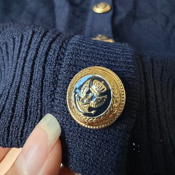 St. John Navy Diamond Knit Cardigan with Gold Crest Buttons Size 8 - Picture 4 of 7